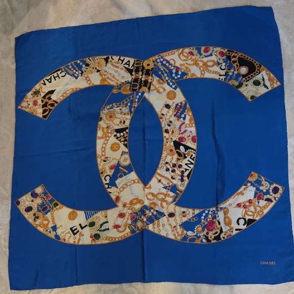 CHANEL Accessories - Chanel Royal Blue and Gold Scarf